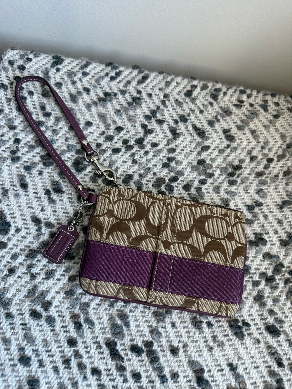 Coach Brown Monogram Wristlet with Plum Accent